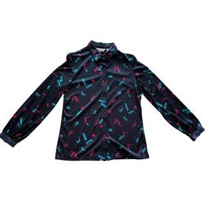 Vintage P.J.S. Button Blouse Abstract Black/Pink/Blue size L